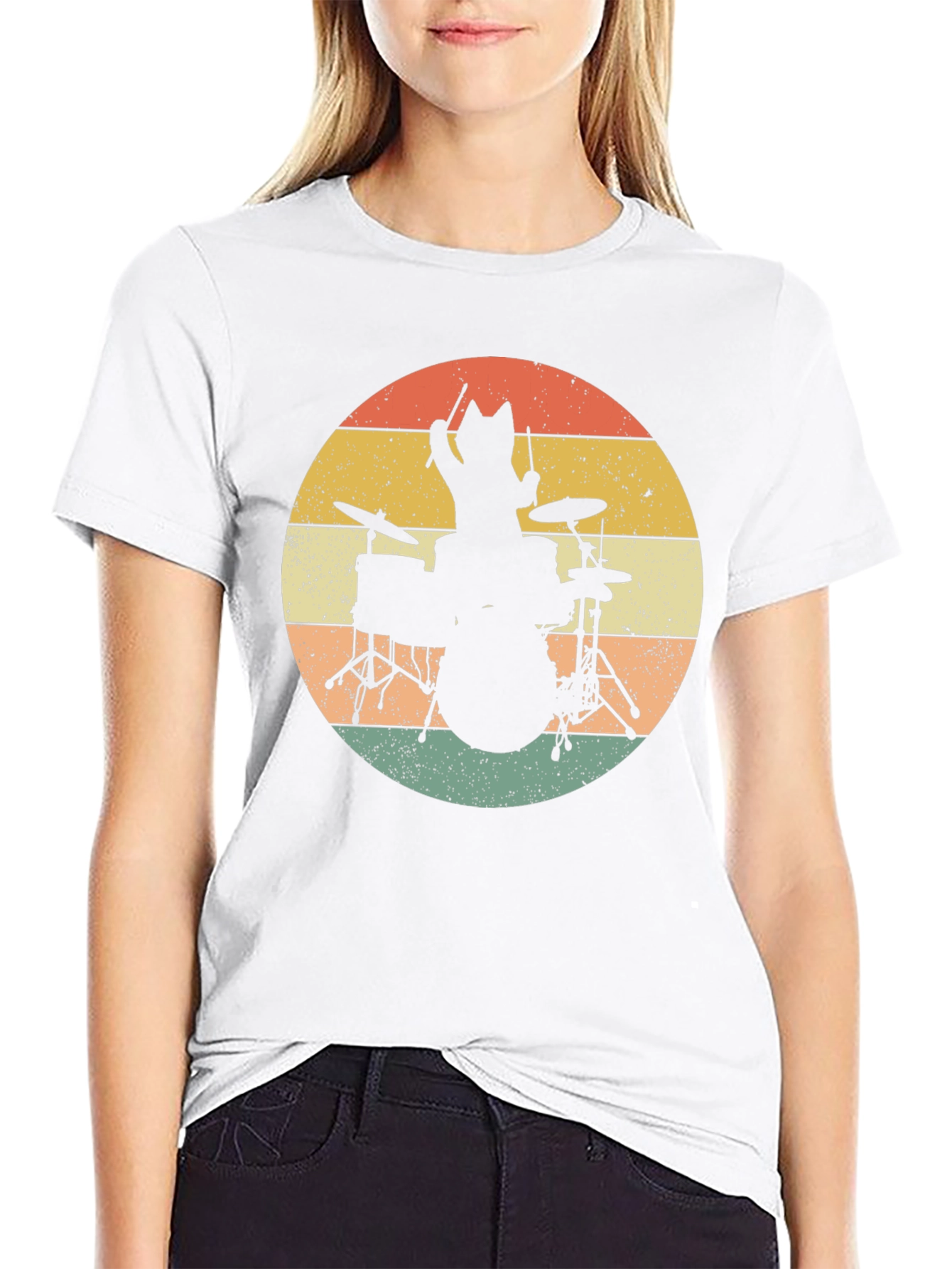Cat Drummer T-Shirt - Retro Style Black Tee