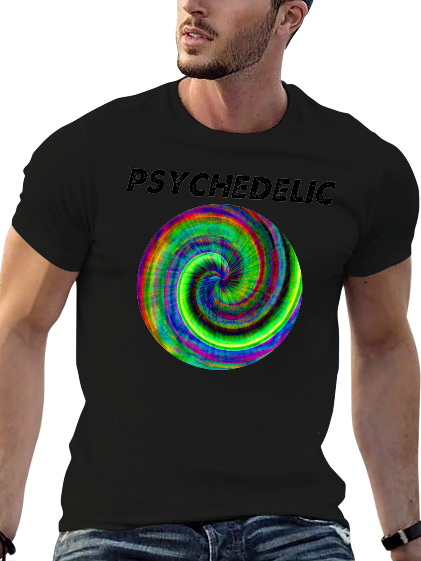 Psychedelic Swirl Graphic Tee - Black Cotton Casual Shirt