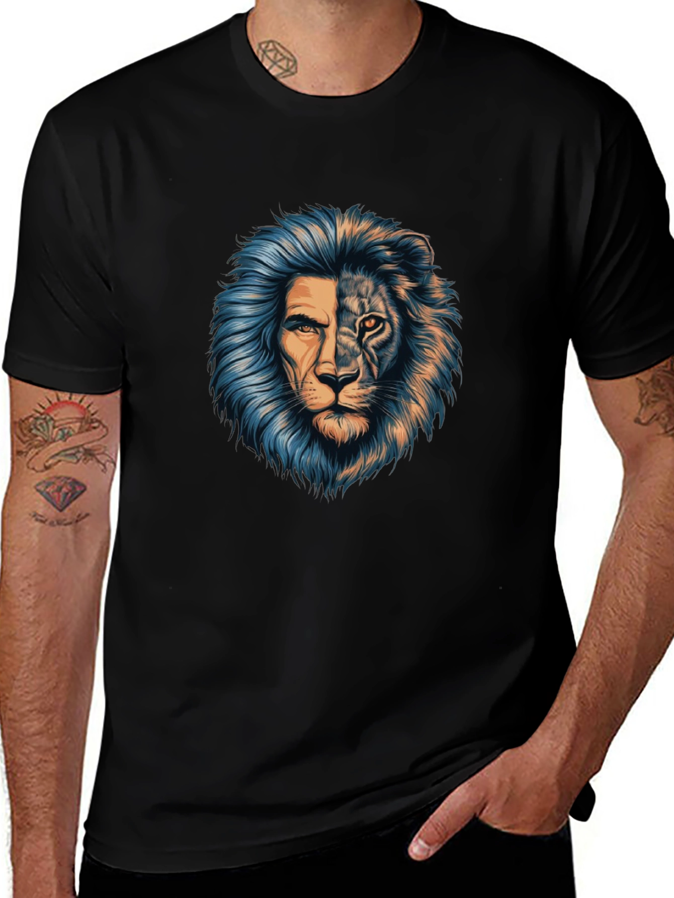 Lion Face Graphic Print Black T-Shirt