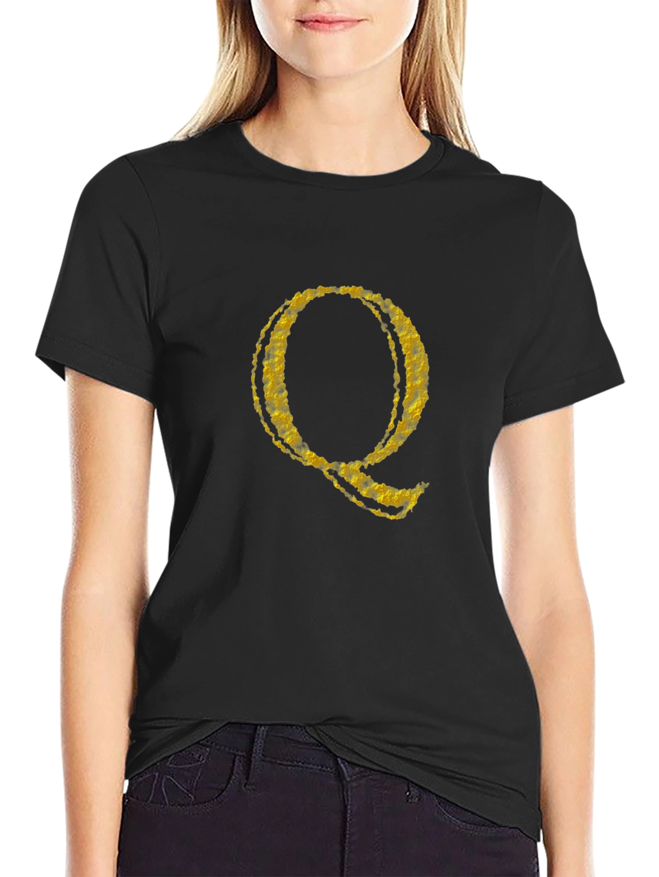 Letter Q Graphic Tee - Black Cotton Blend