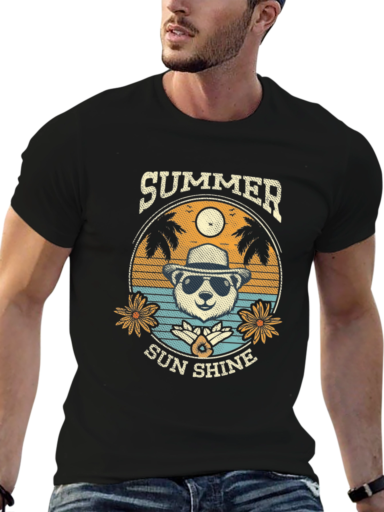 Summer Sunshine Panda Graphic Tee - Mens Black T-Shirt
