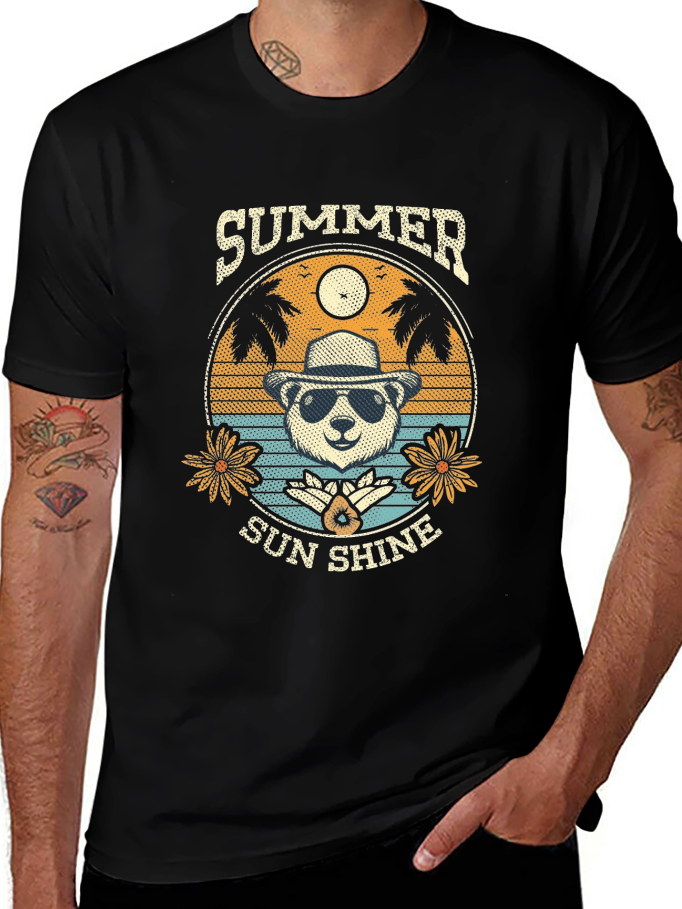 Summer Sunshine Panda Graphic Tee - Mens Black T-Shirt