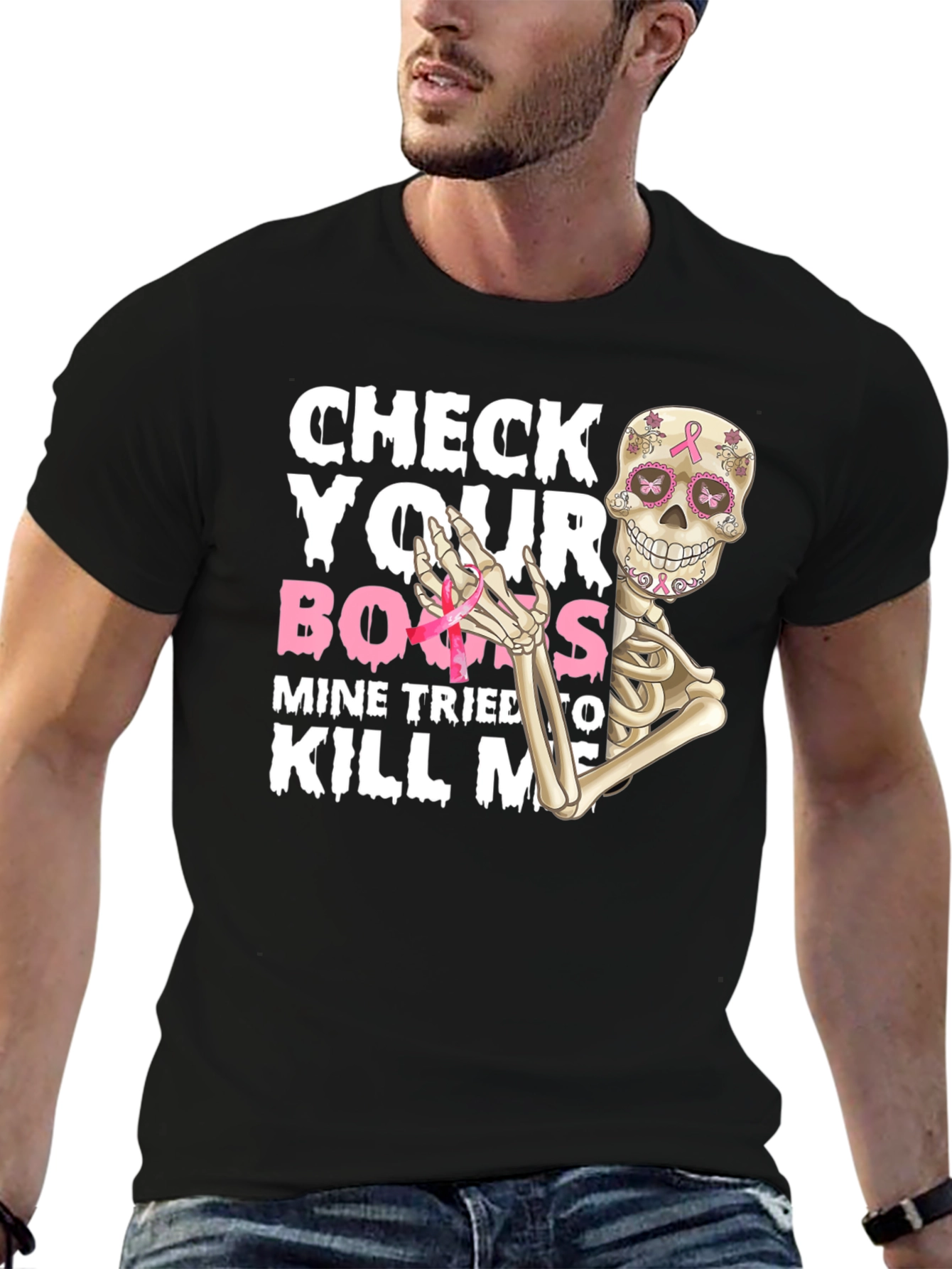 Check Your Boobs Breast Cancer Awareness Skeleton T-Shirt