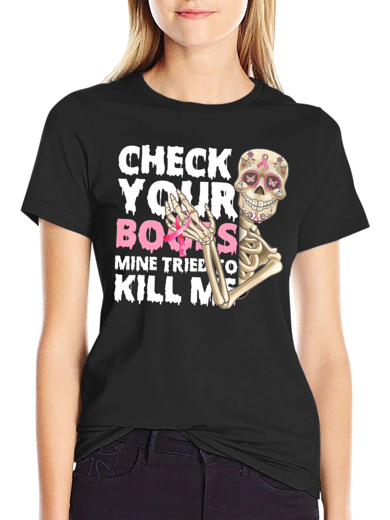 Check Your Boobs Breast Cancer Awareness Skeleton T-Shirt