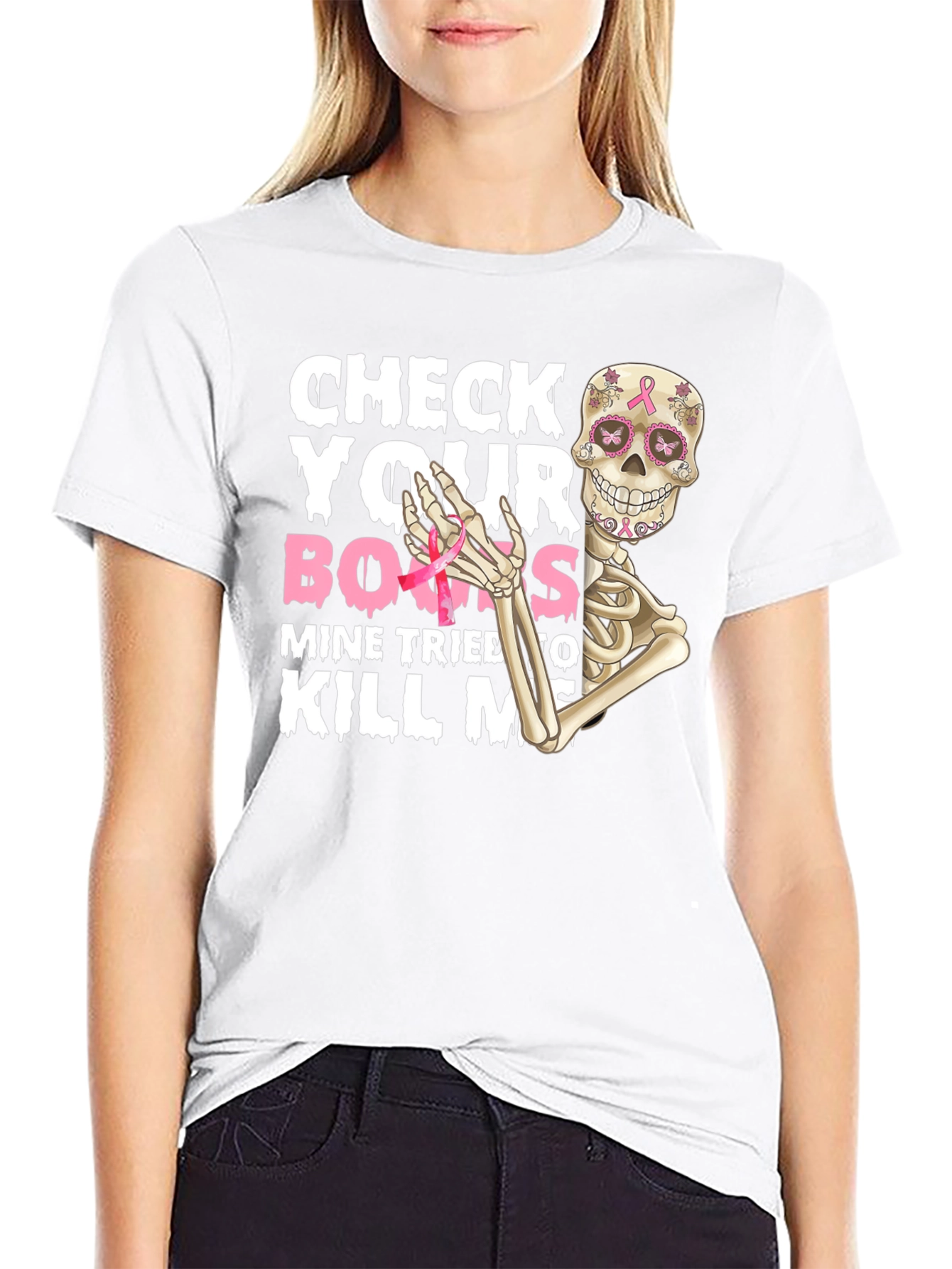 Check Your Boobs Breast Cancer Awareness Skeleton T-Shirt