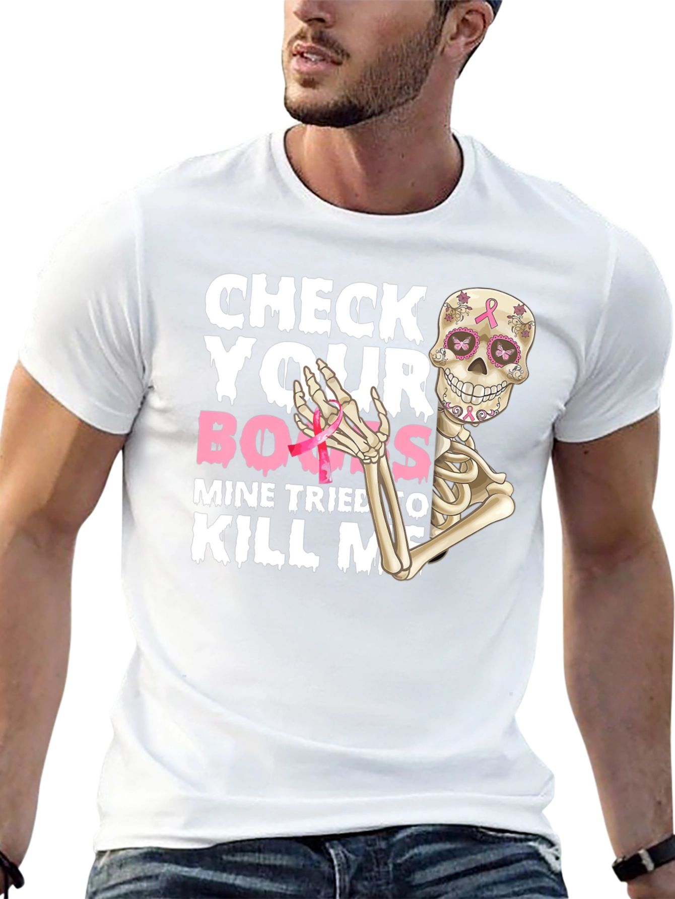 Check Your Boobs Breast Cancer Awareness Skeleton T-Shirt