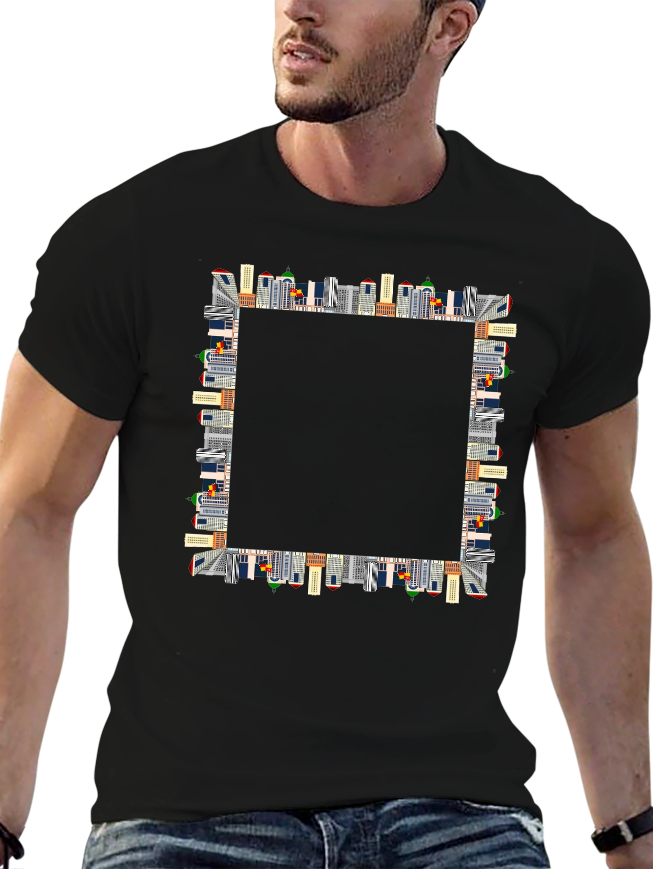 Urban Skyline Black T-Shirt - Cityscape Design