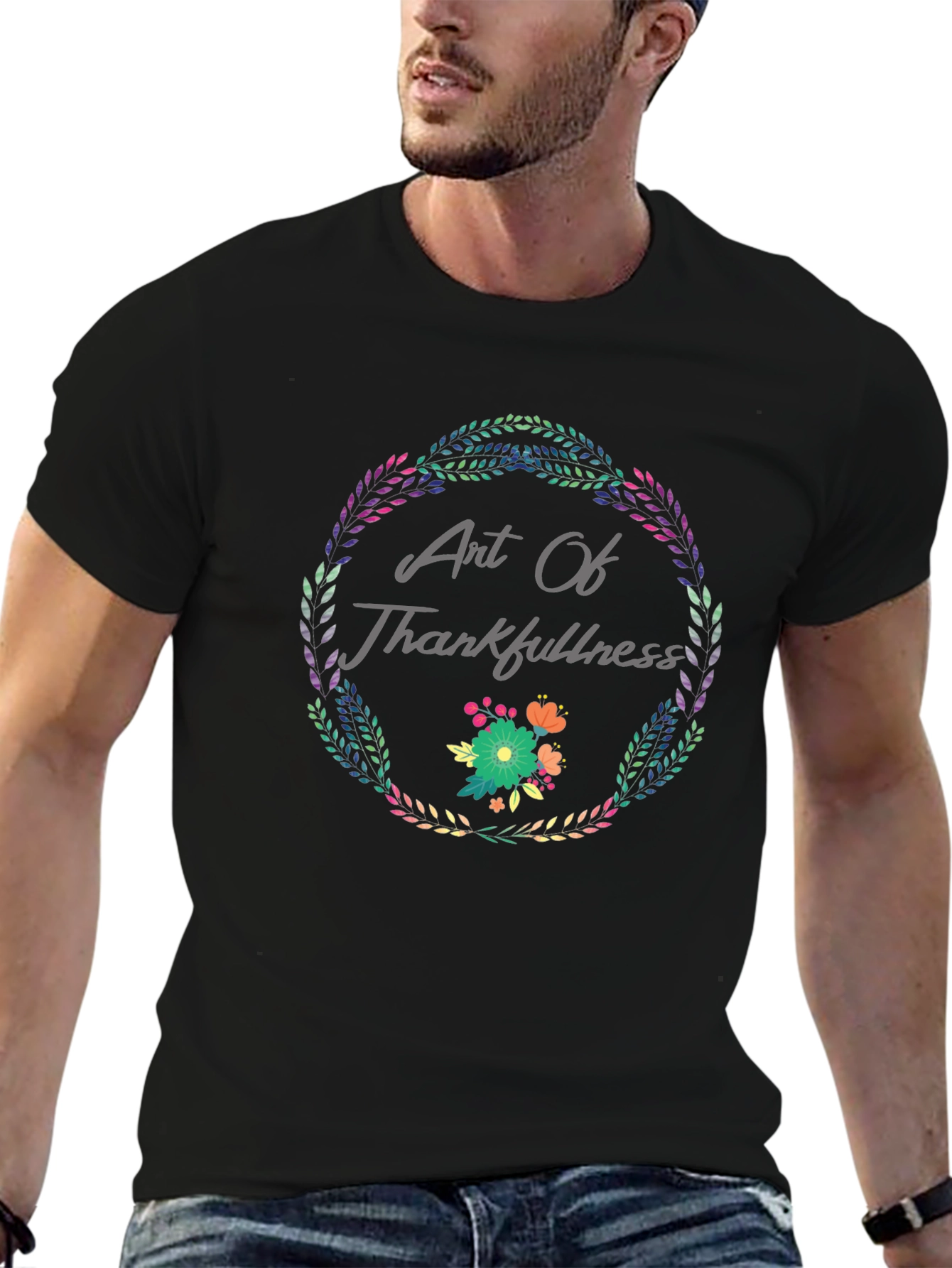 Art Of Thankfulness Floral Wreath Black T-Shirt