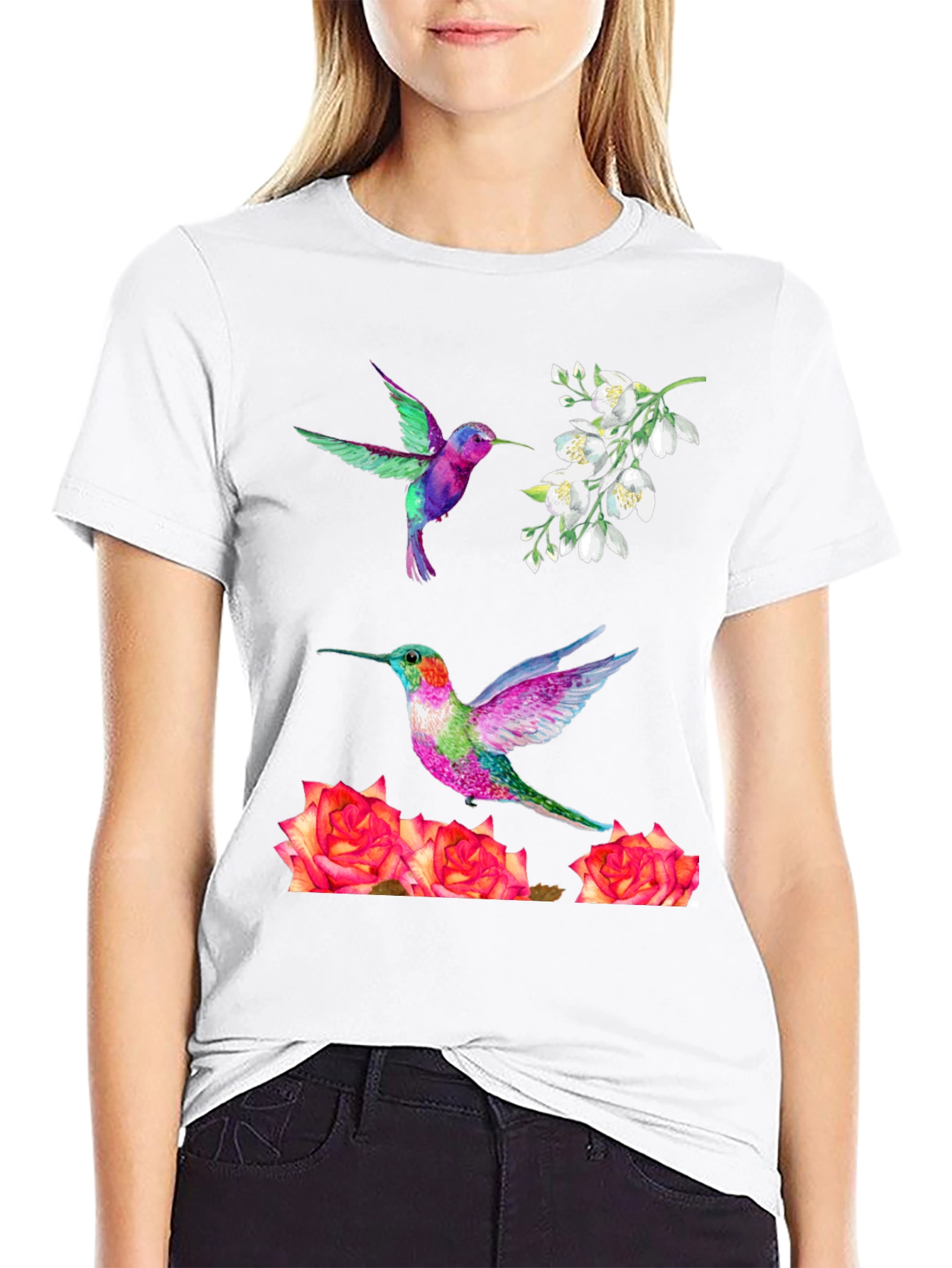 Hummingbird & Floral Print T-Shirt