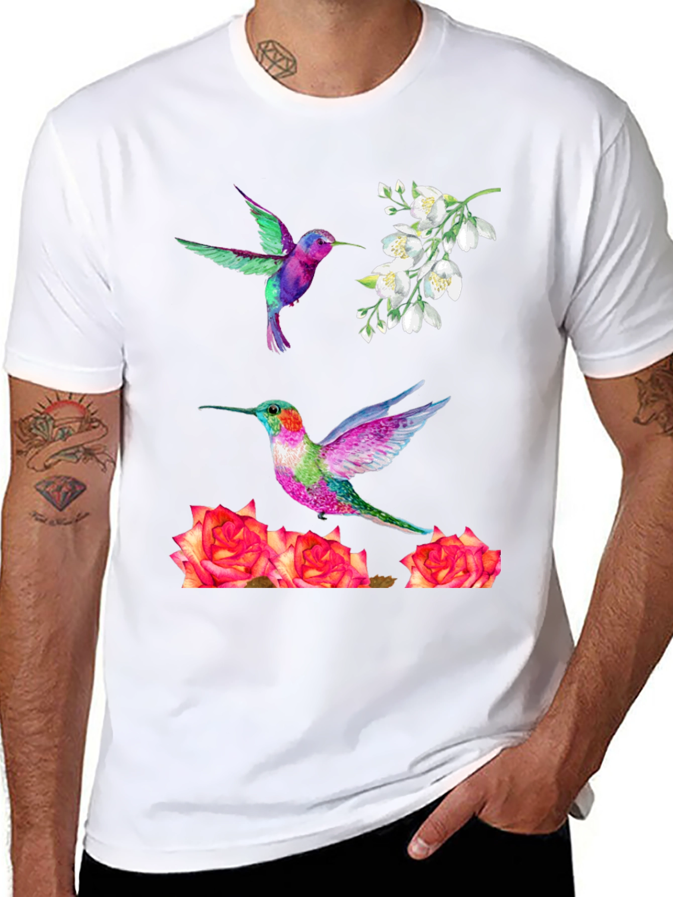 Hummingbird & Floral Print T-Shirt