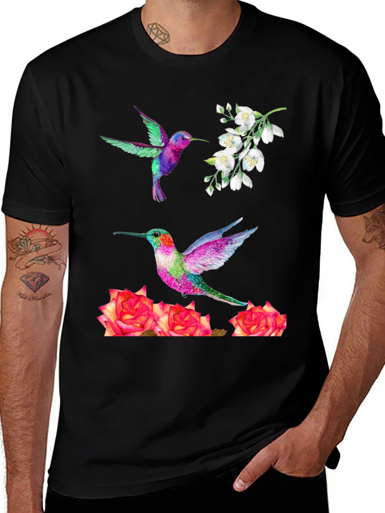 Hummingbird & Floral Print T-Shirt