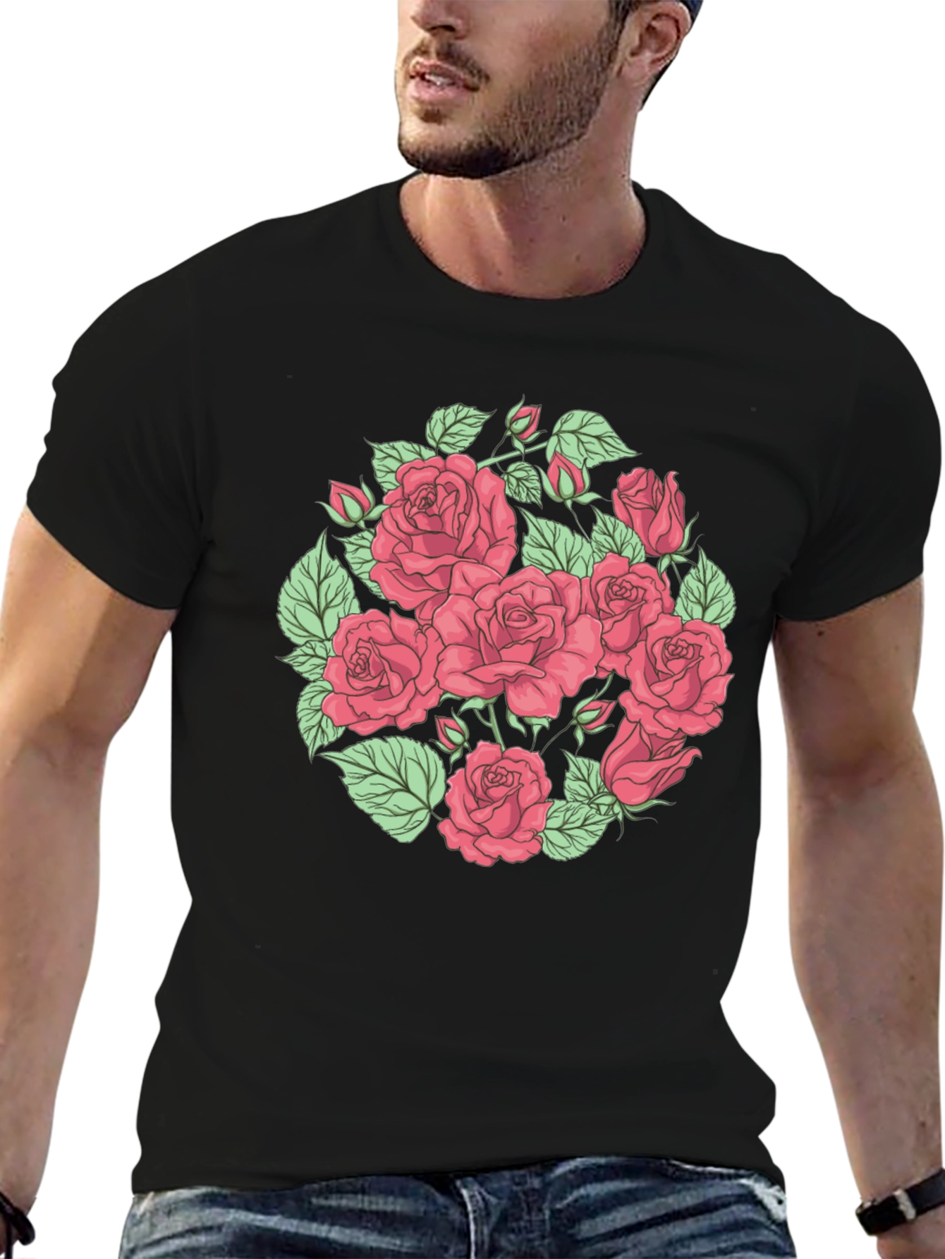 Floral Rose Print Black T-Shirt