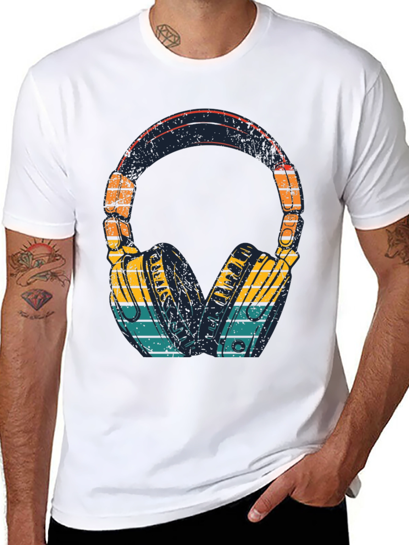 Retro Headphones Graphic Tee - Black Cotton Blend