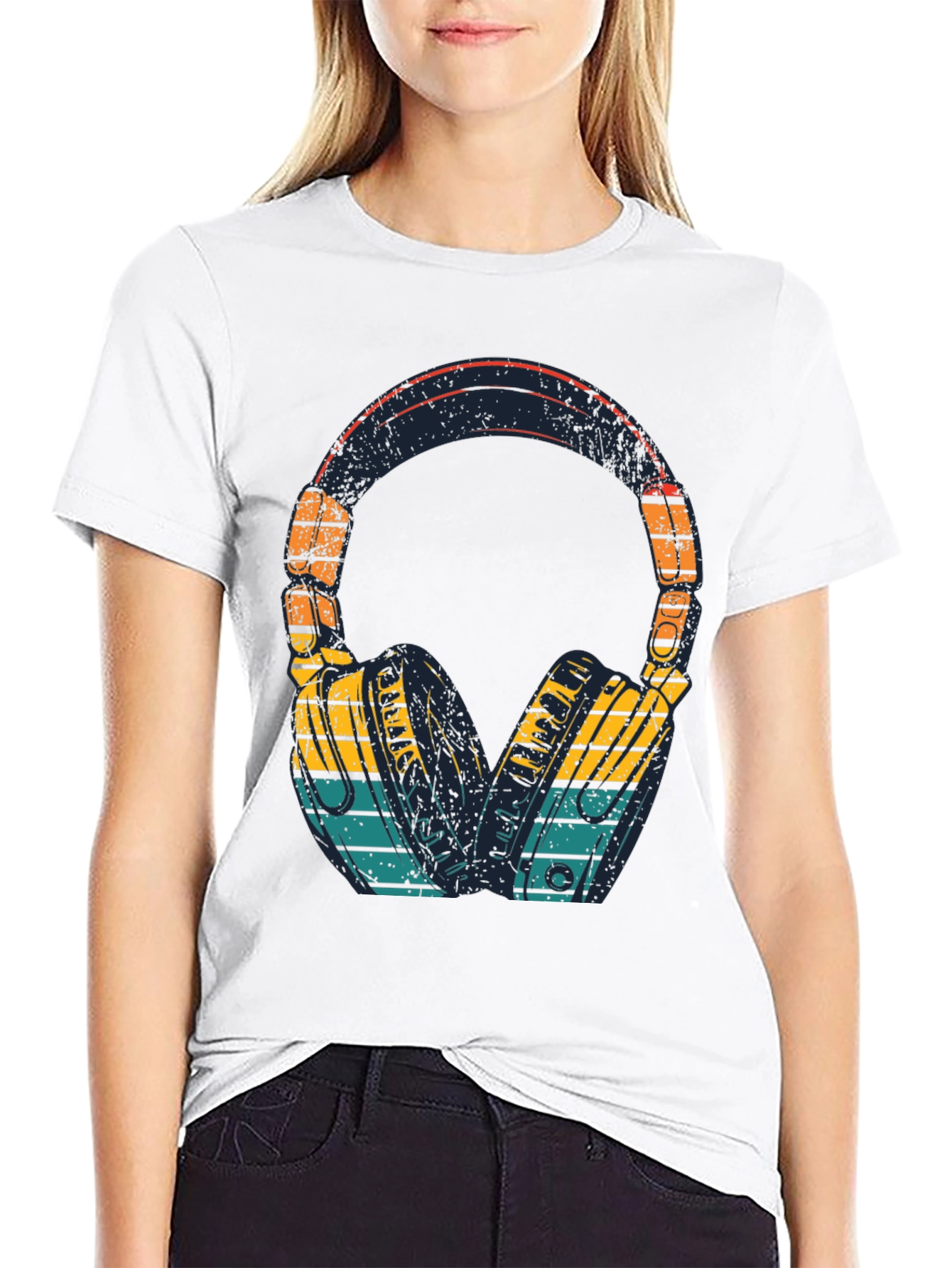 Retro Headphones Graphic Tee - Black Cotton Blend