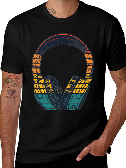 Retro Headphones Graphic Tee - Black Cotton Blend