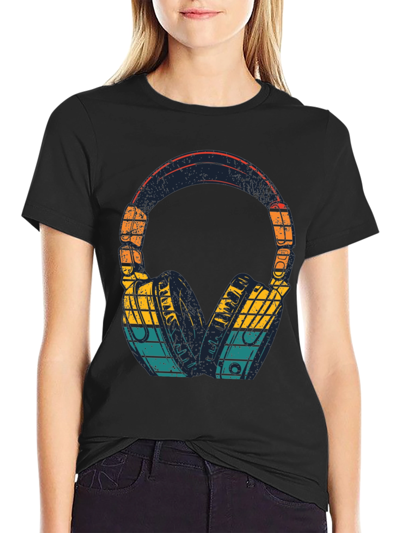 Retro Headphones Graphic Tee - Black Cotton Blend