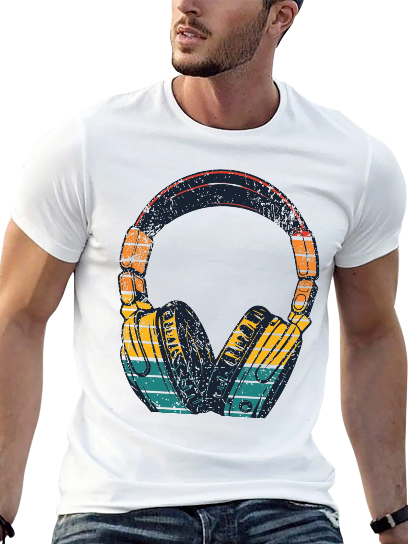 Retro Headphones Graphic Tee - Black Cotton Blend