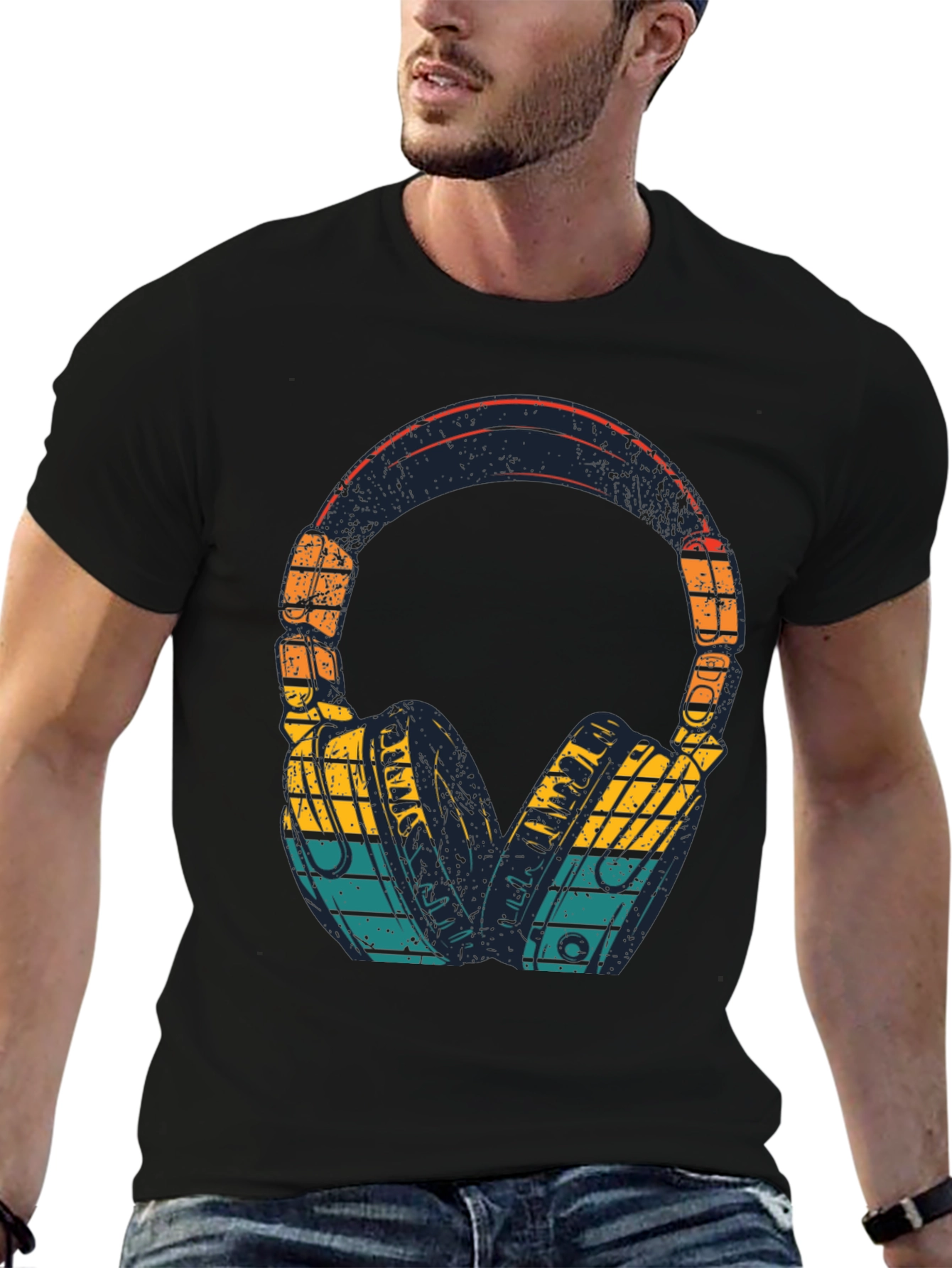 Retro Headphones Graphic Tee - Black Cotton Blend
