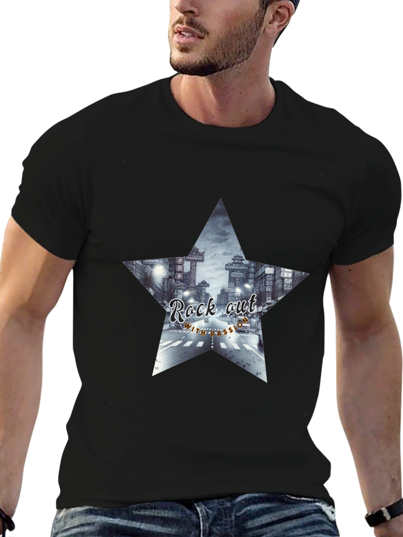 Rock Out Star Graphic Tee - Black Cotton T-Shirt