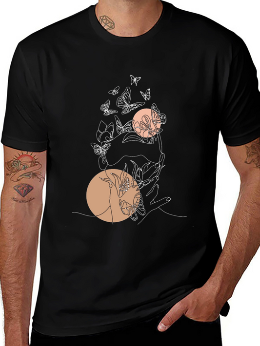 Abstract Butterfly Line Art Graphic Tee - Black