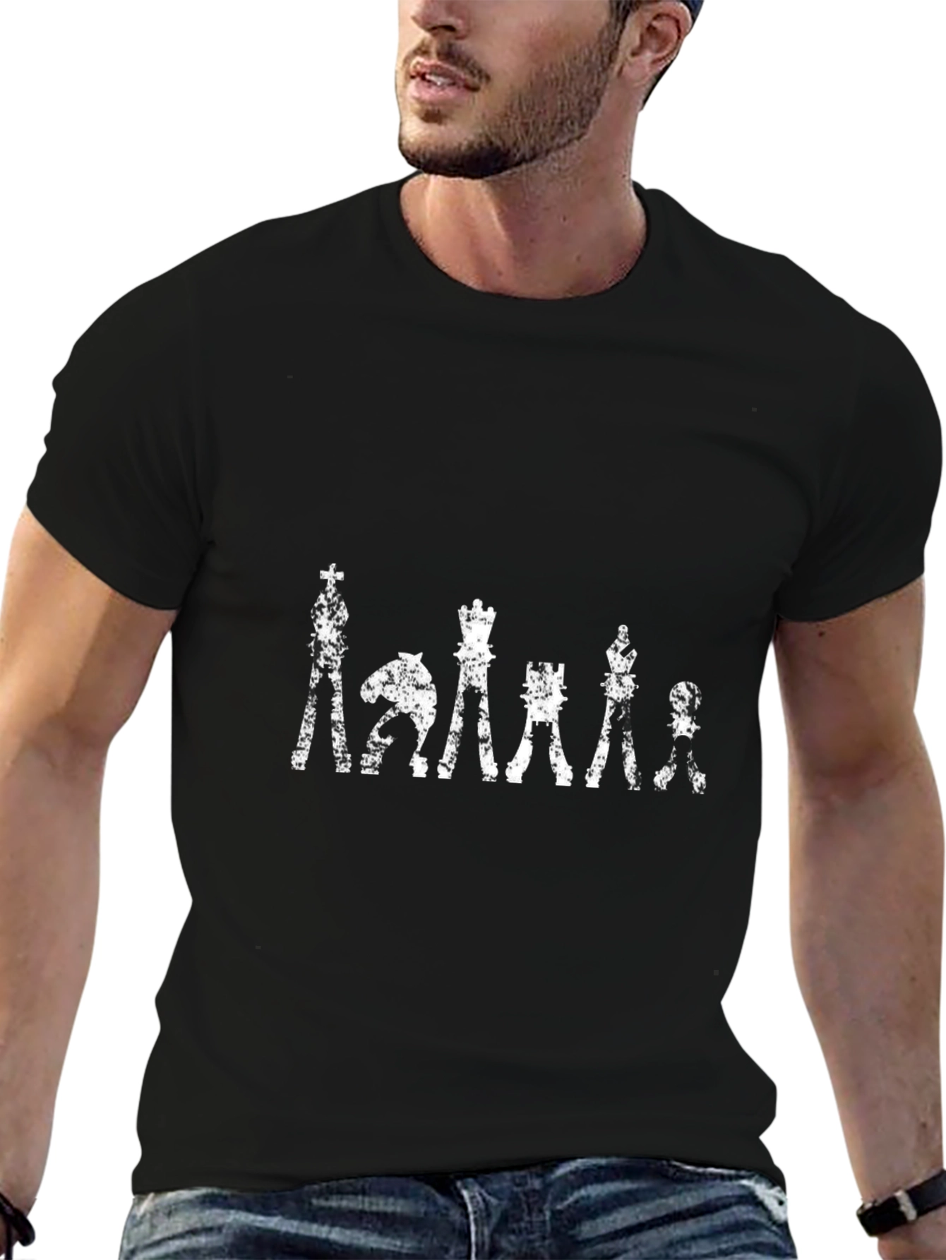Chess Piece Distressed Graphic T-Shirt - Black Cotton Tee