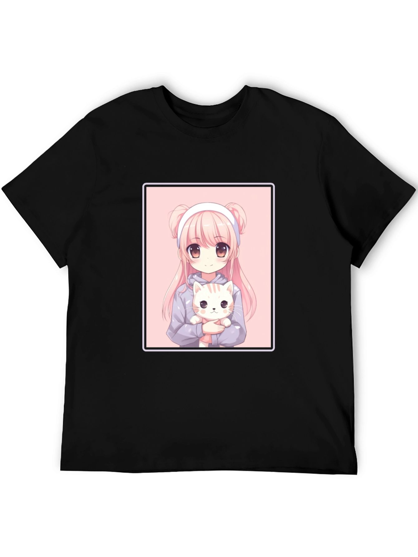 Anime Girl and Cat Graphic Black T-Shirt