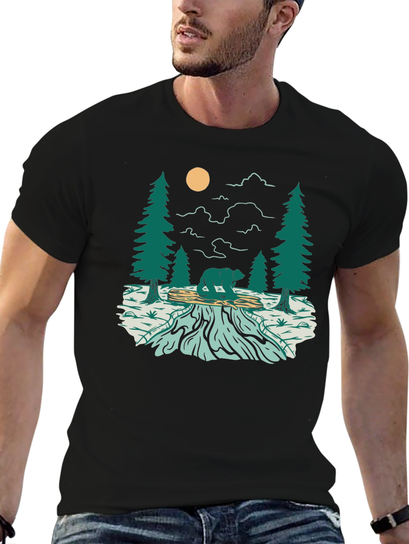 Nature Bear Graphic Tee - Black Cotton Blend