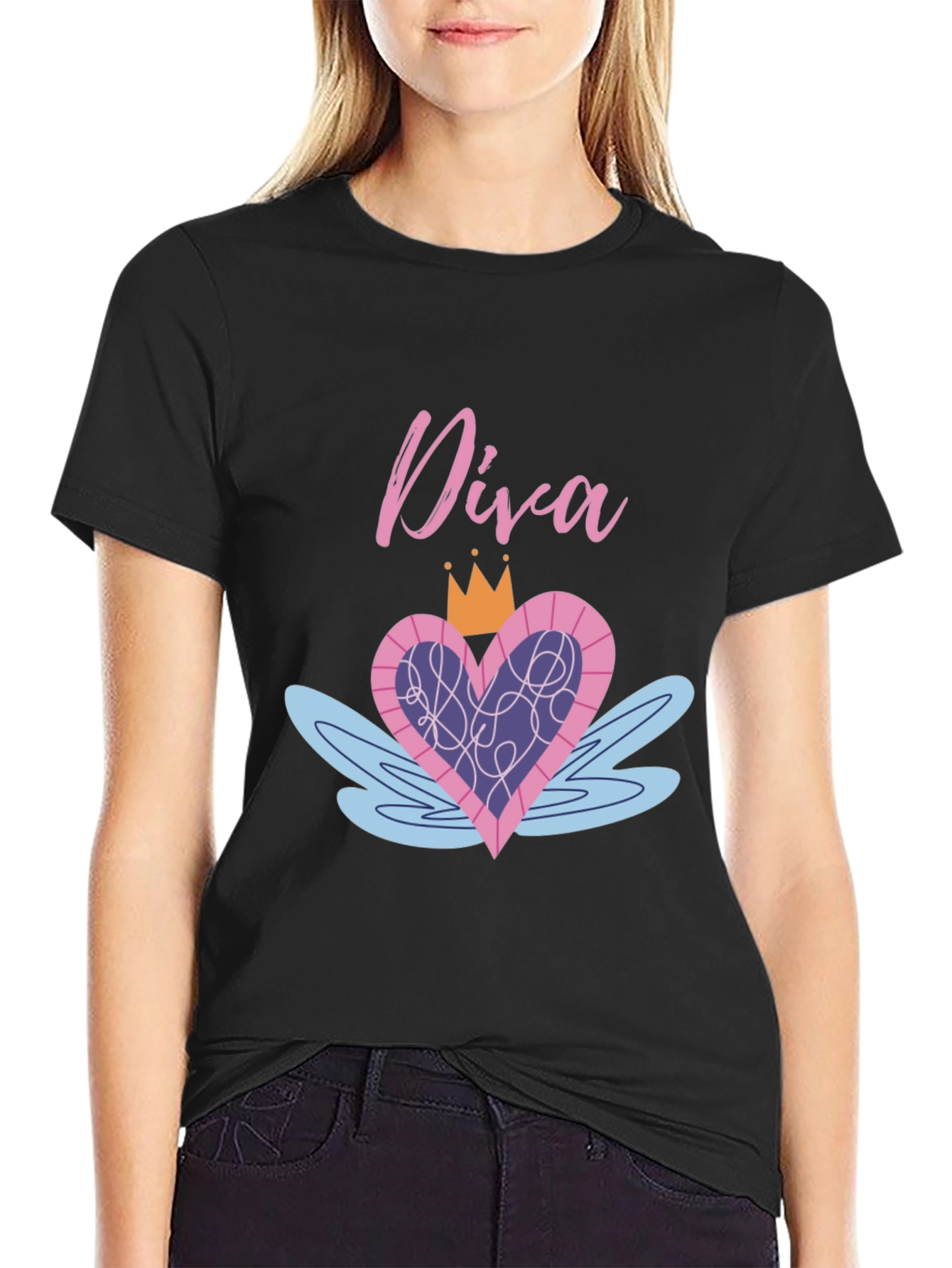 Diva Heart Crown Graphic Black T-Shirt