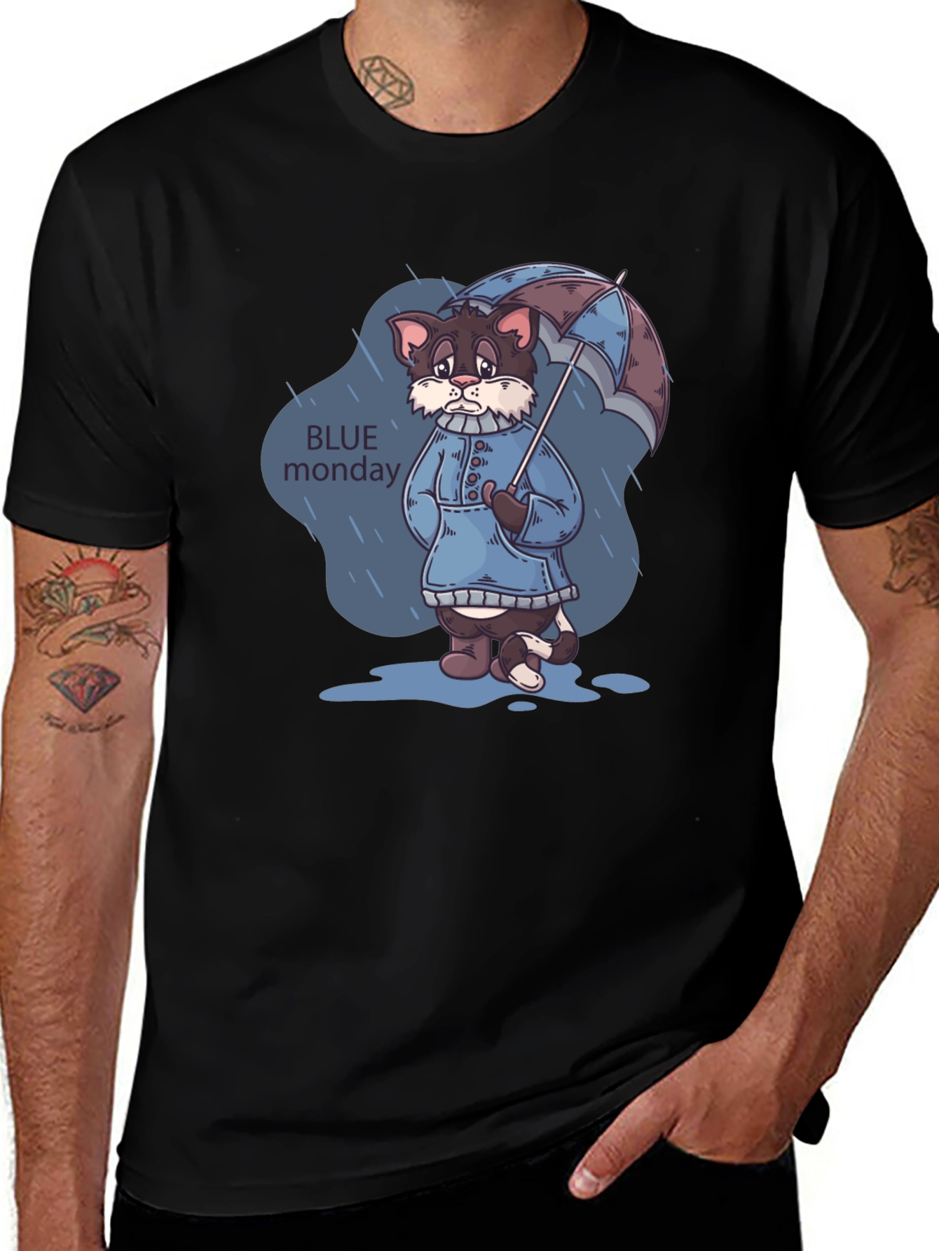 Blue Monday Cat T-Shirt - Rainy Day Style