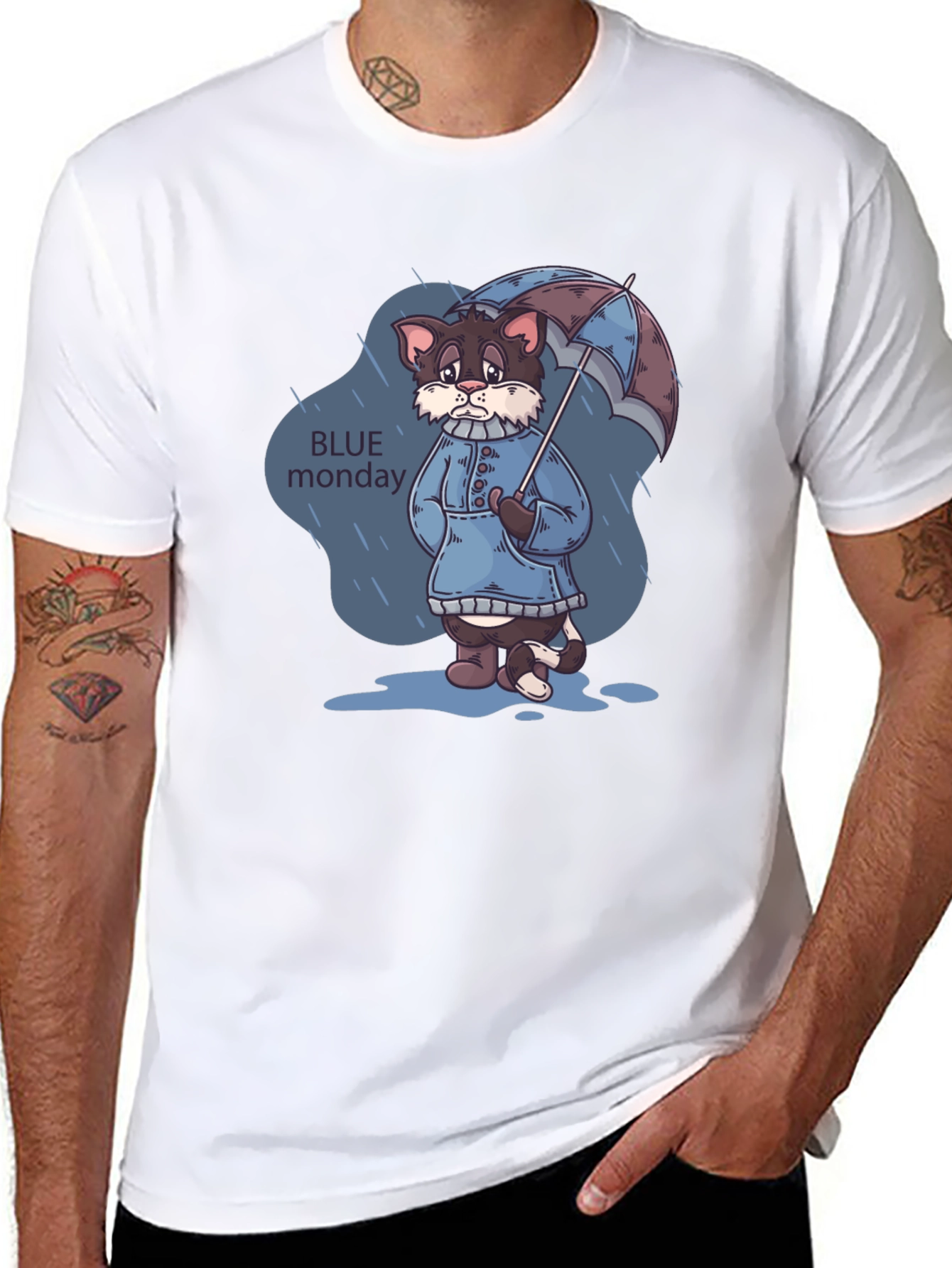 Blue Monday Cat T-Shirt - Rainy Day Style