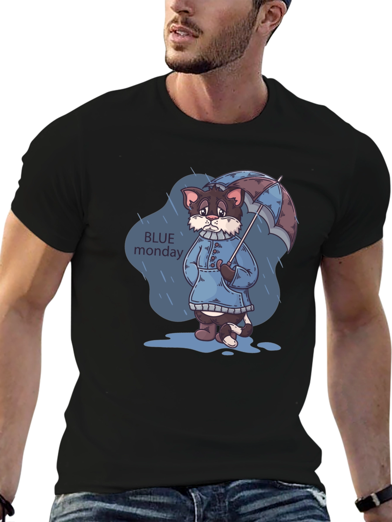 Blue Monday Cat T-Shirt - Rainy Day Style