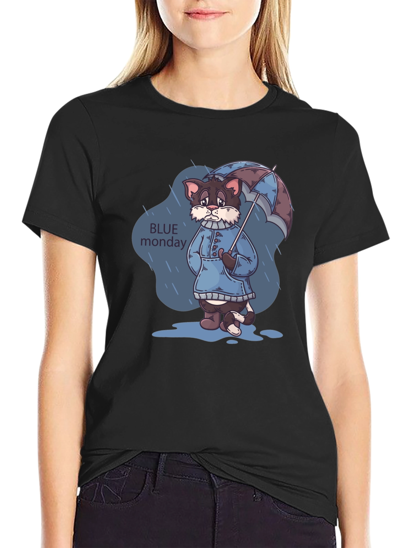 Blue Monday Cat T-Shirt - Rainy Day Style