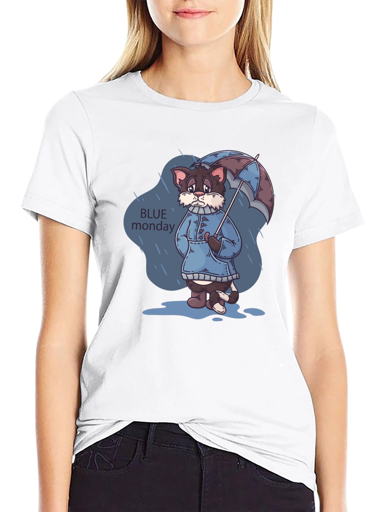 Blue Monday Cat T-Shirt - Rainy Day Style