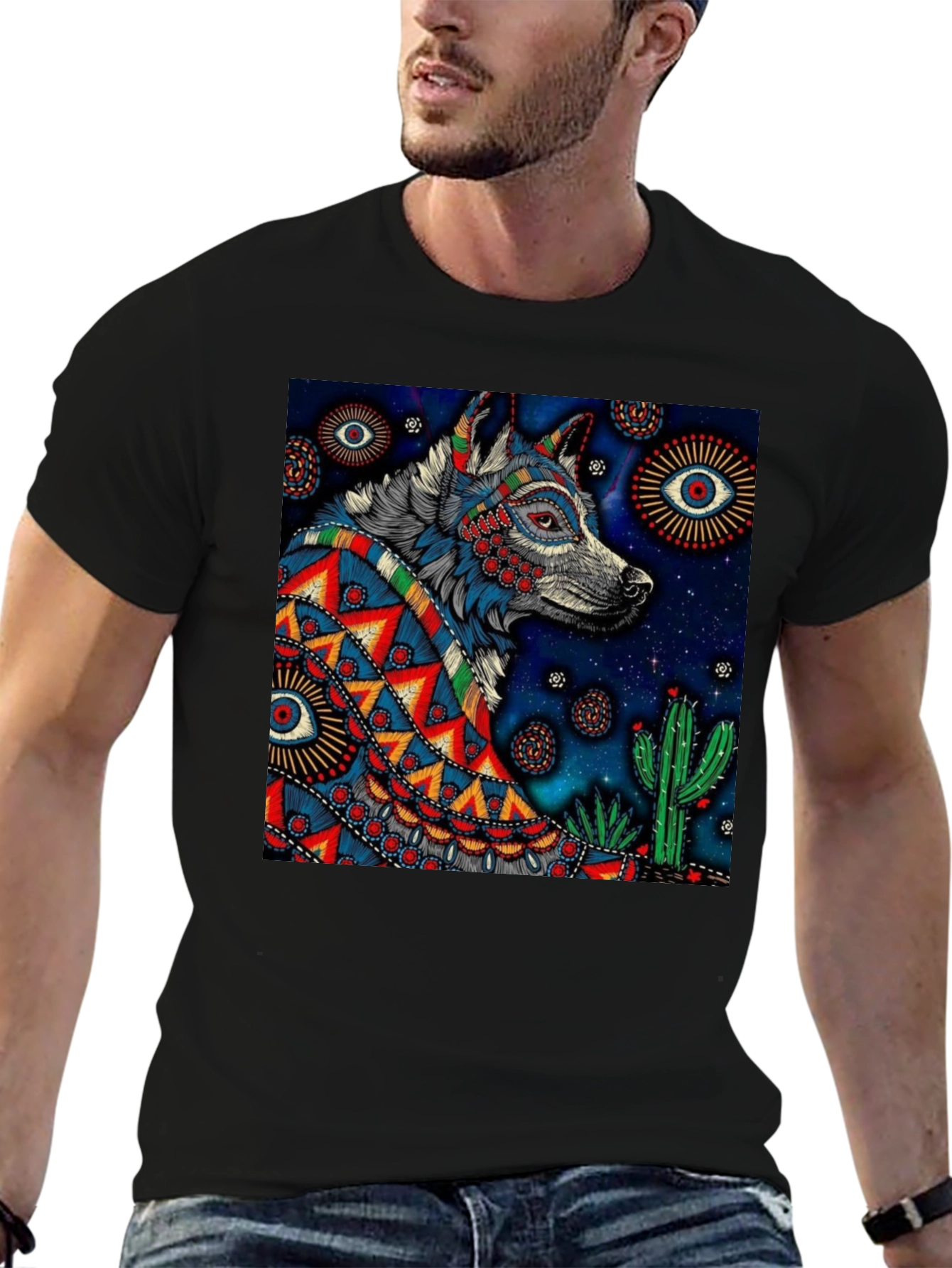 Wolf Graphic Print Tee - Mens Black T-Shirt