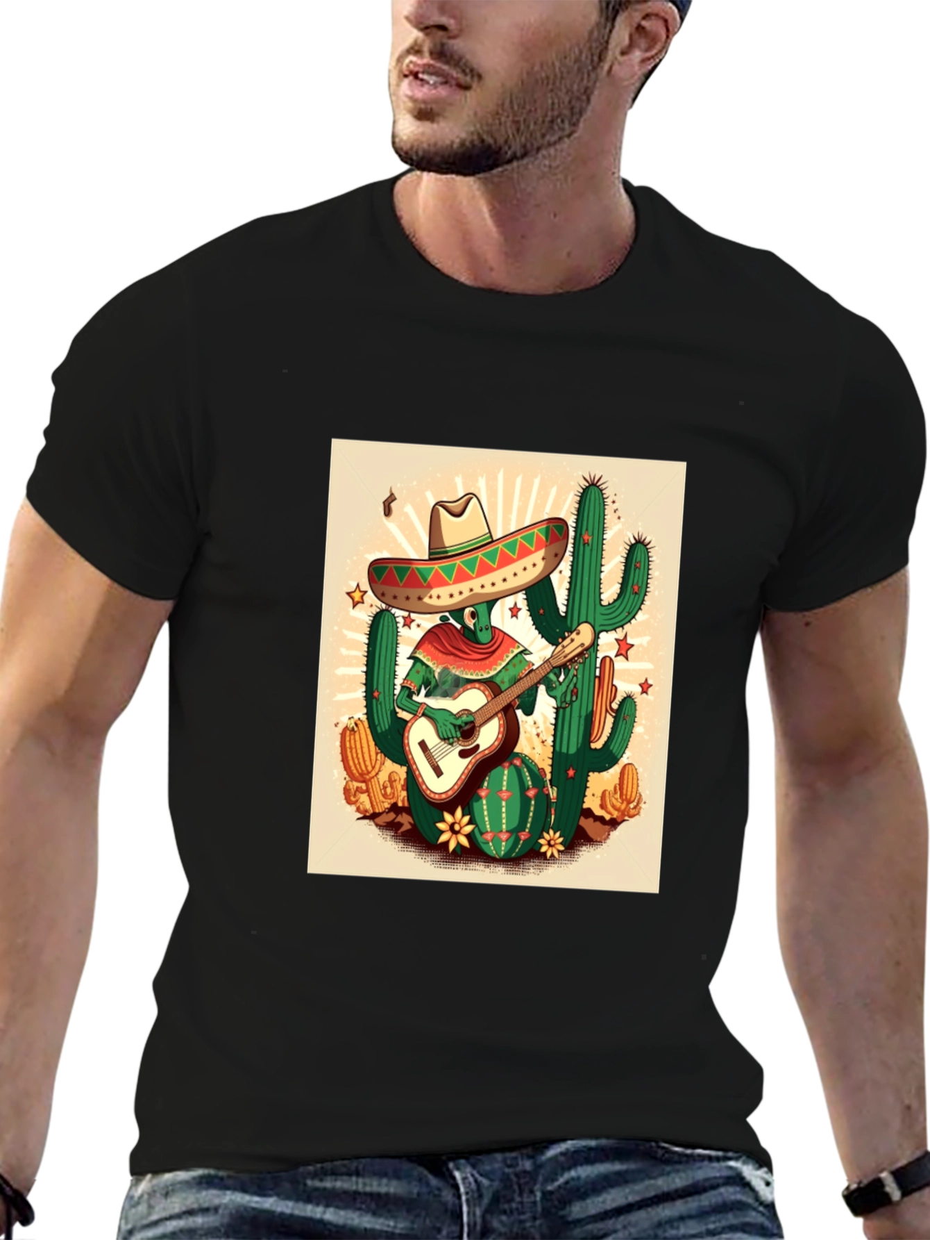Cactus Guitarist Graphic Tee - Mens Black T-Shirt