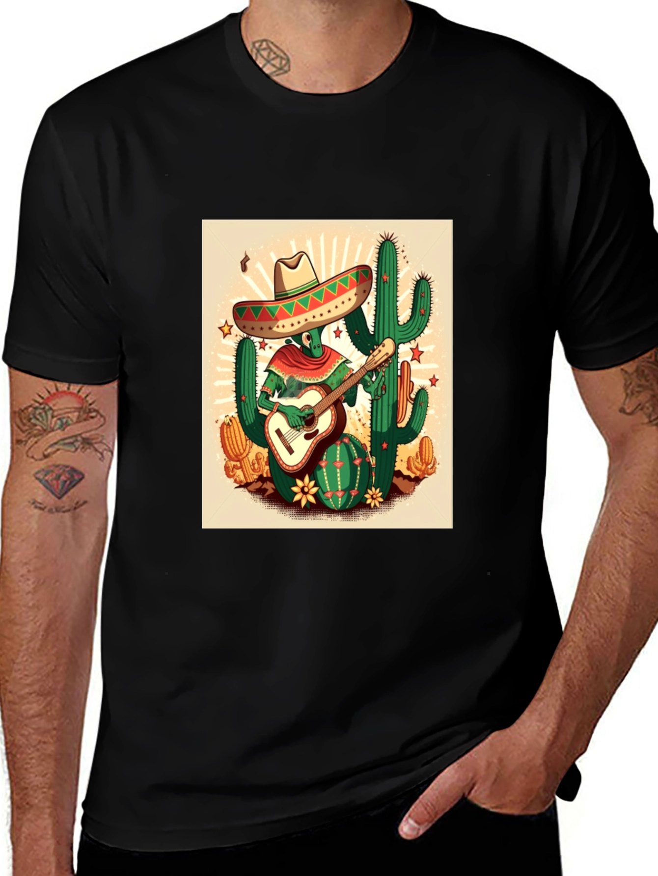 Cactus Guitarist Graphic Tee - Mens Black T-Shirt