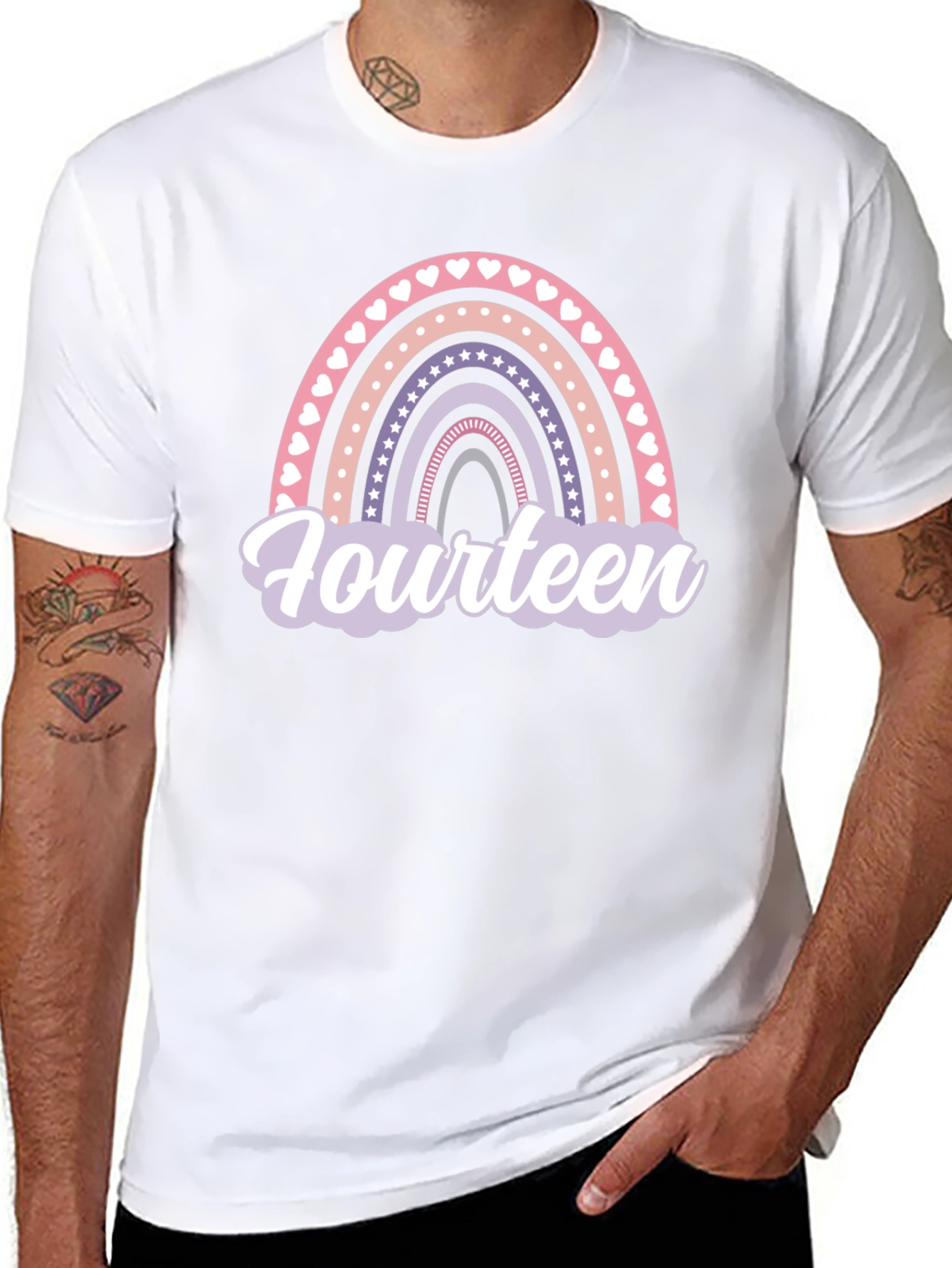 Fourteenth Birthday Rainbow Heart Star T-Shirt