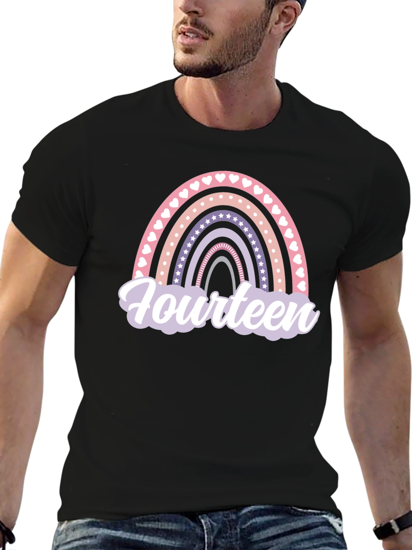 Fourteenth Birthday Rainbow Heart Star T-Shirt