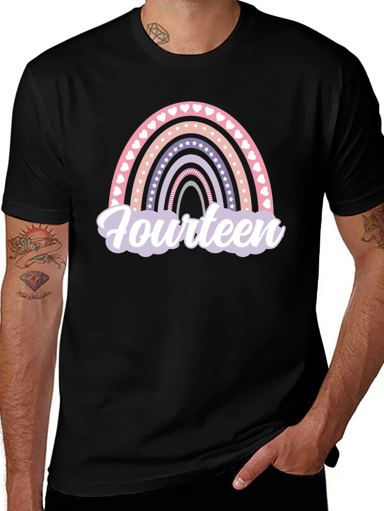 Fourteenth Birthday Rainbow Heart Star T-Shirt