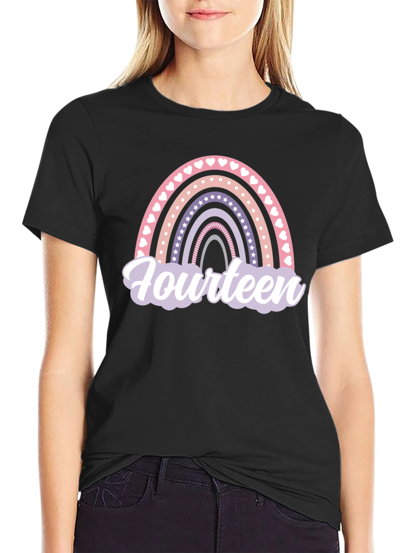 Fourteenth Birthday Rainbow Heart Star T-Shirt