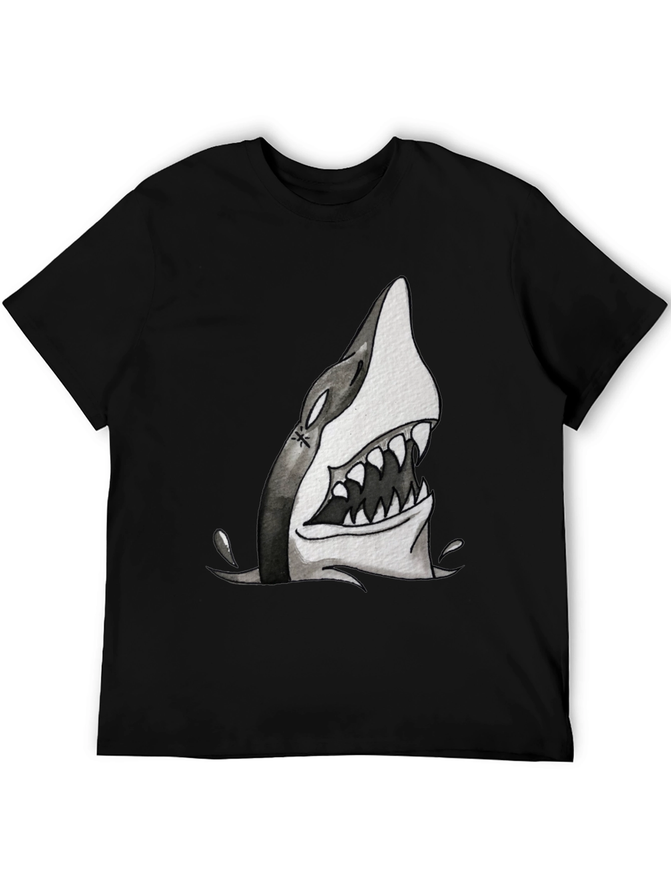 Shark Attack Graphic Print Tee - Black Cotton T-Shirt