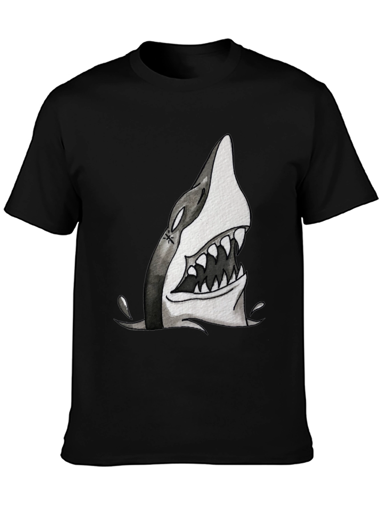 Shark Attack Graphic Print Tee - Black Cotton T-Shirt