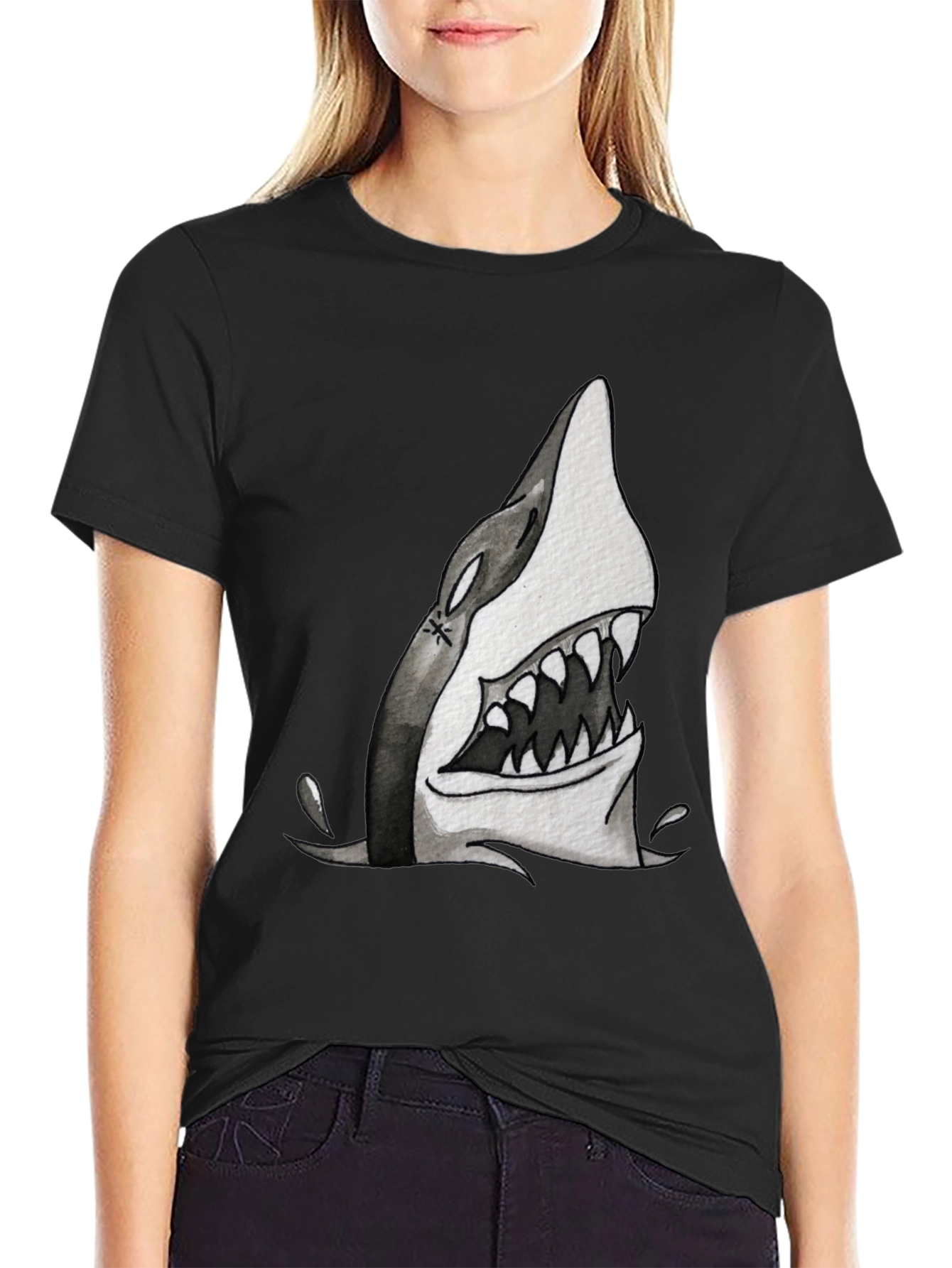 Shark Attack Graphic Print Tee - Black Cotton T-Shirt