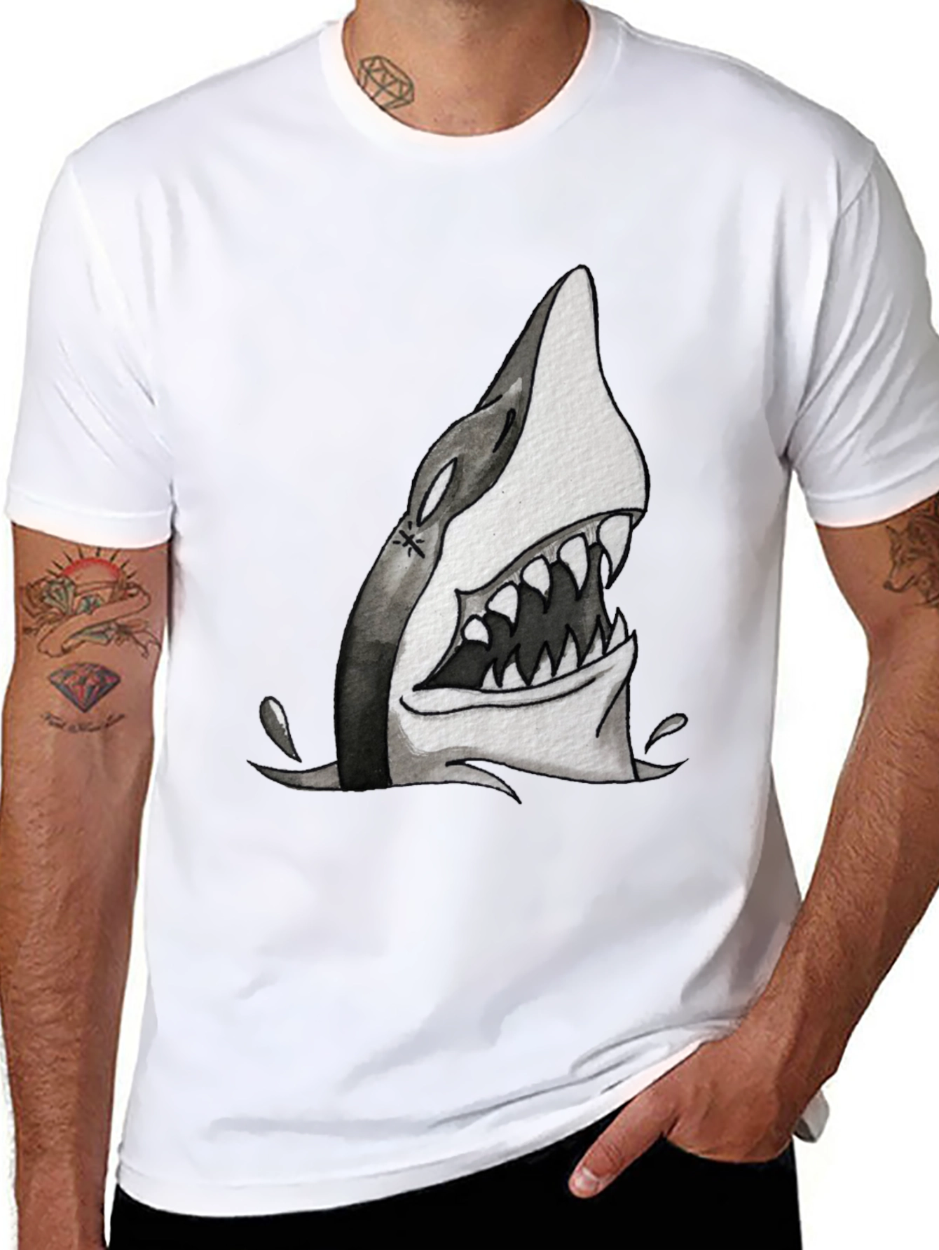 Shark Attack Graphic Print Tee - Black Cotton T-Shirt