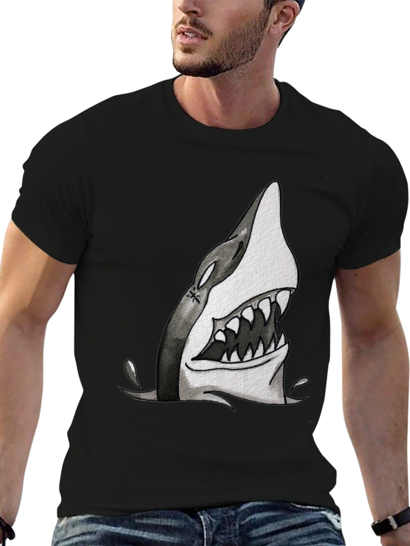 Shark Attack Graphic Print Tee - Black Cotton T-Shirt