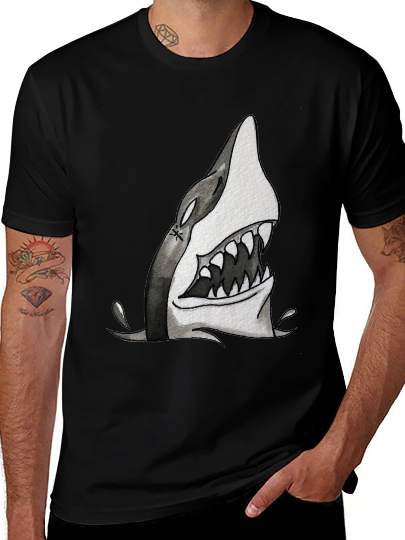 Shark Attack Graphic Print Tee - Black Cotton T-Shirt