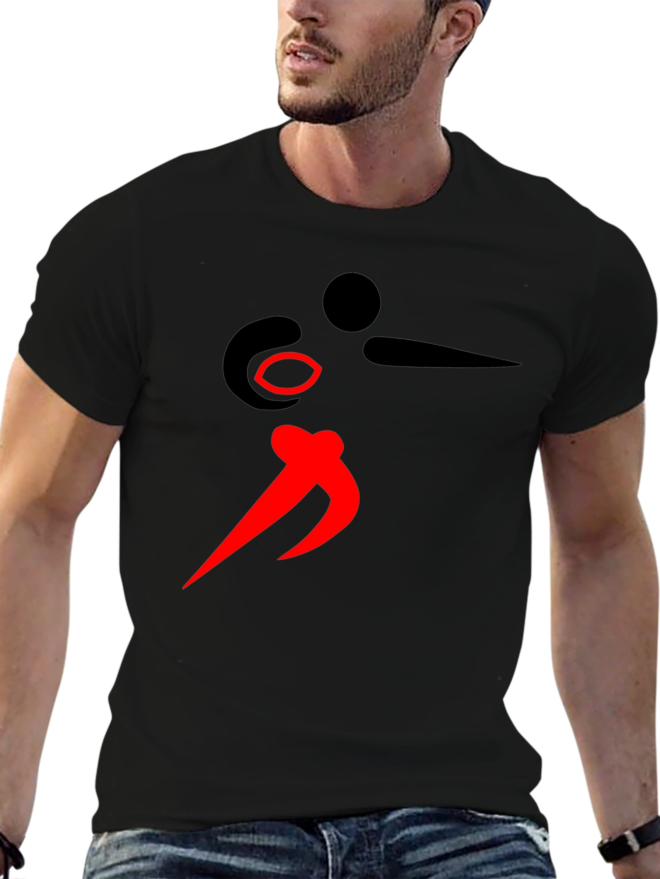 Black Graphic Tee with Red Abstract Design