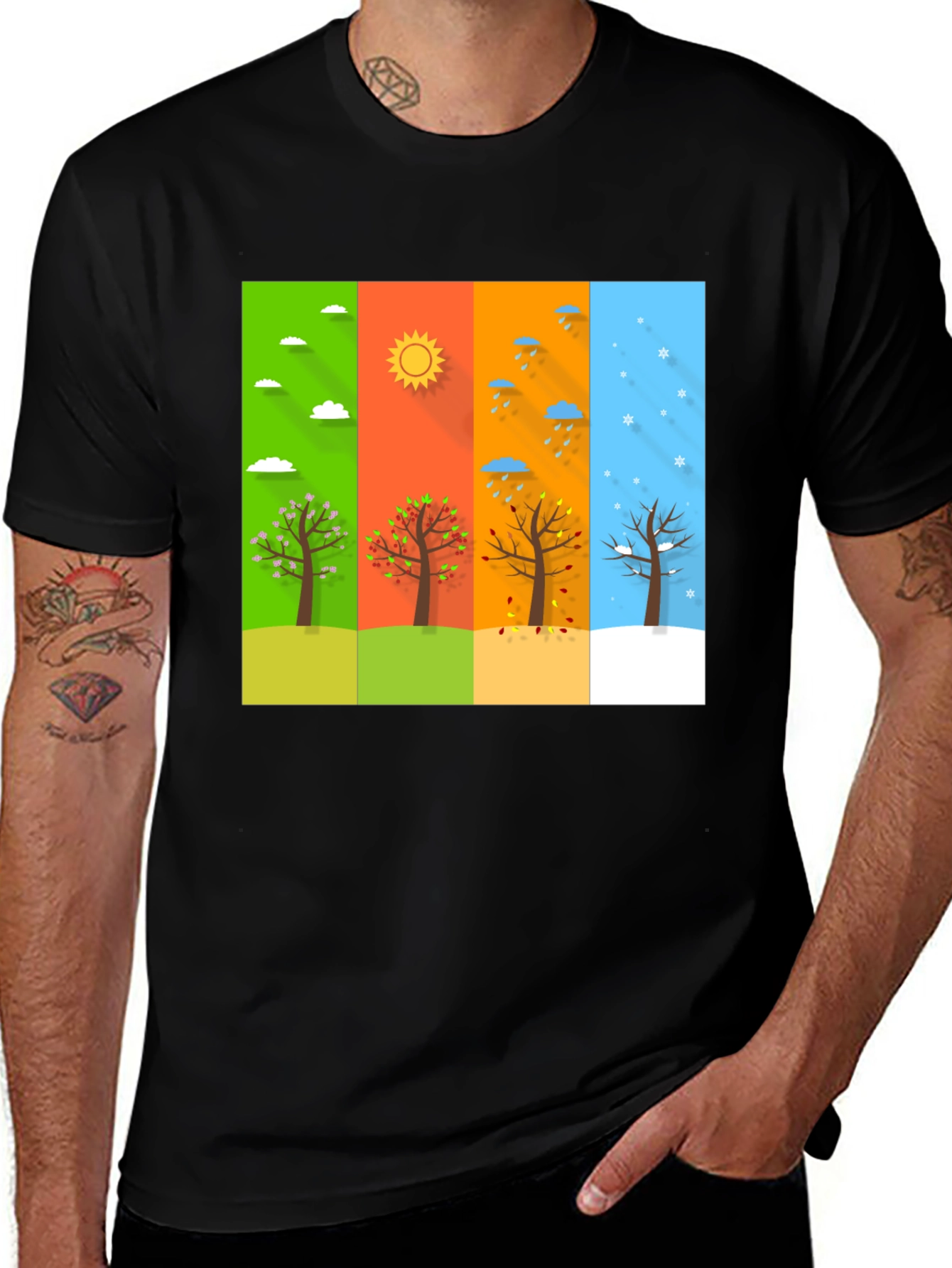 Seasons Tree Graphic Tee - Black Cotton T-Shirt