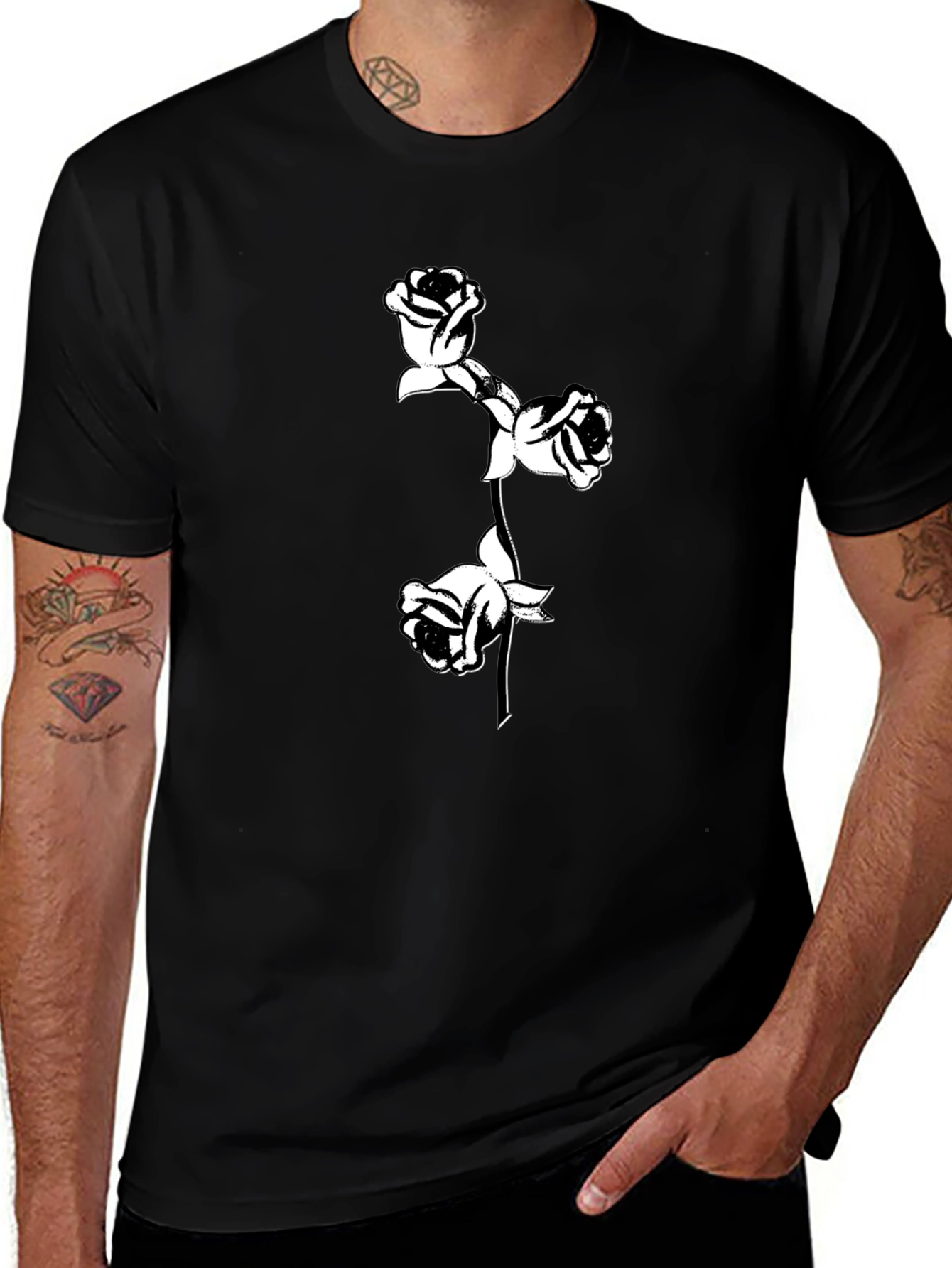 Black T-Shirt with Floral Rose Design