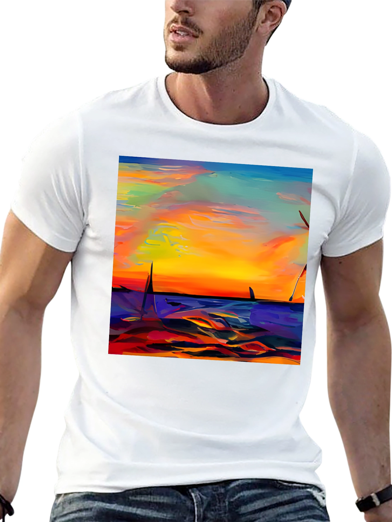 Sunset Sailboat Graphic Tee - Vibrant Artistic Design